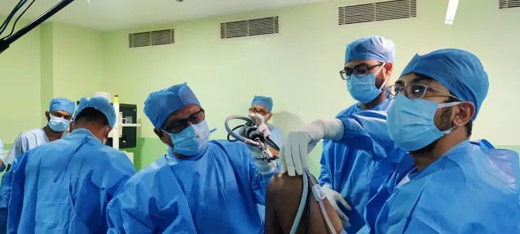 Shoulder arthroscopy in progress in the operating theatre